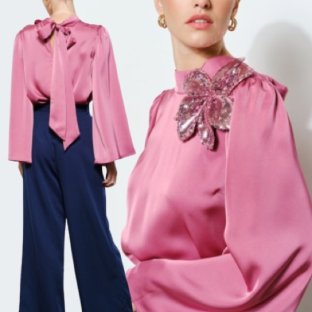 New Fabulous Sequin Flower Applique Satin Tie-back Blouse